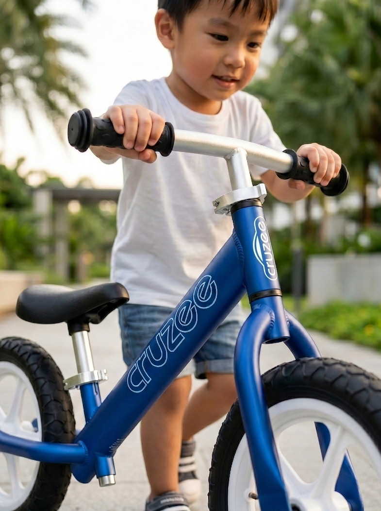 Child riding a blue cruzee balance bike outdoors