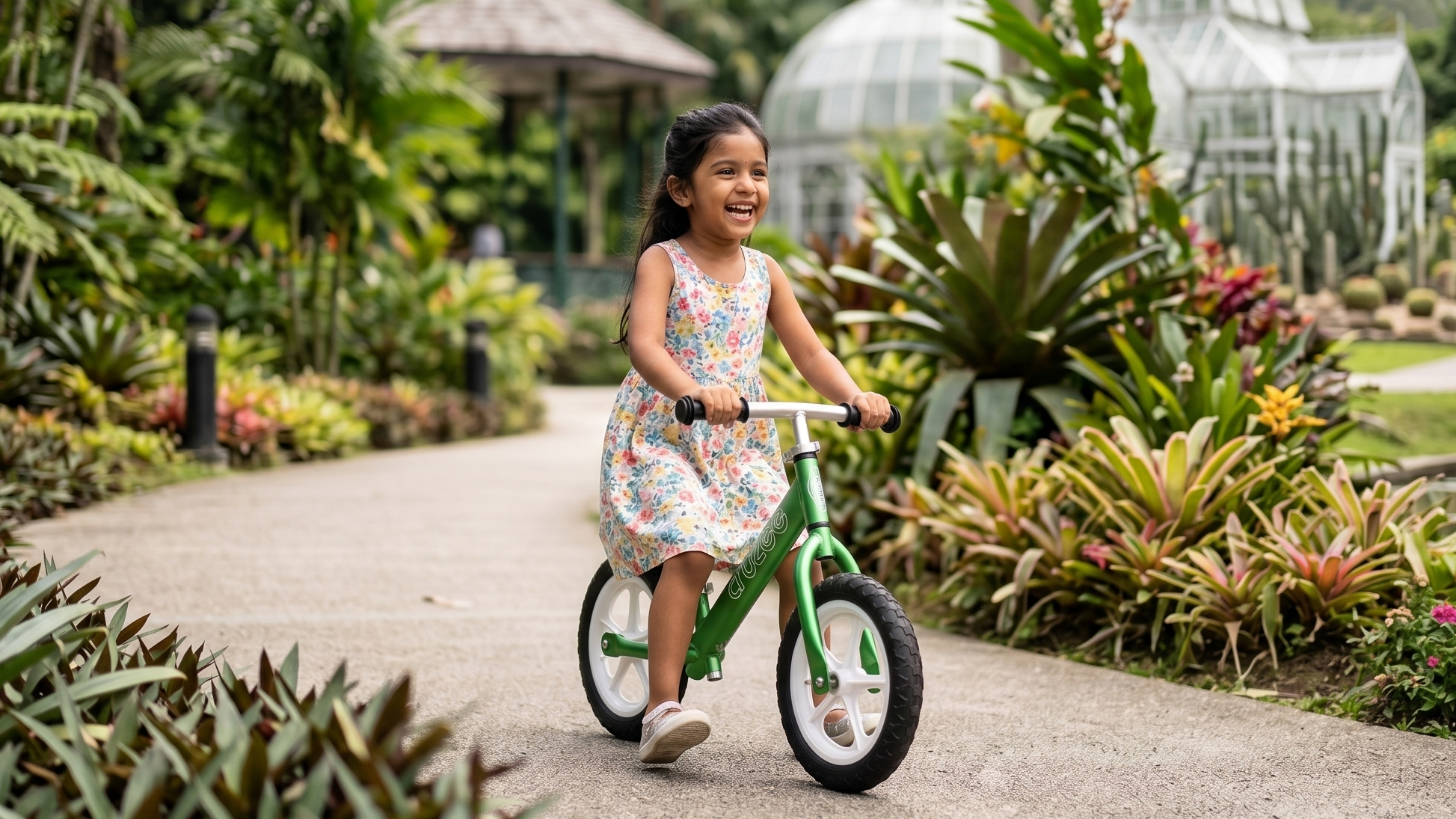 Young girl riding a green cruzee balance bike in a lush garden with a greenhouse in the background.