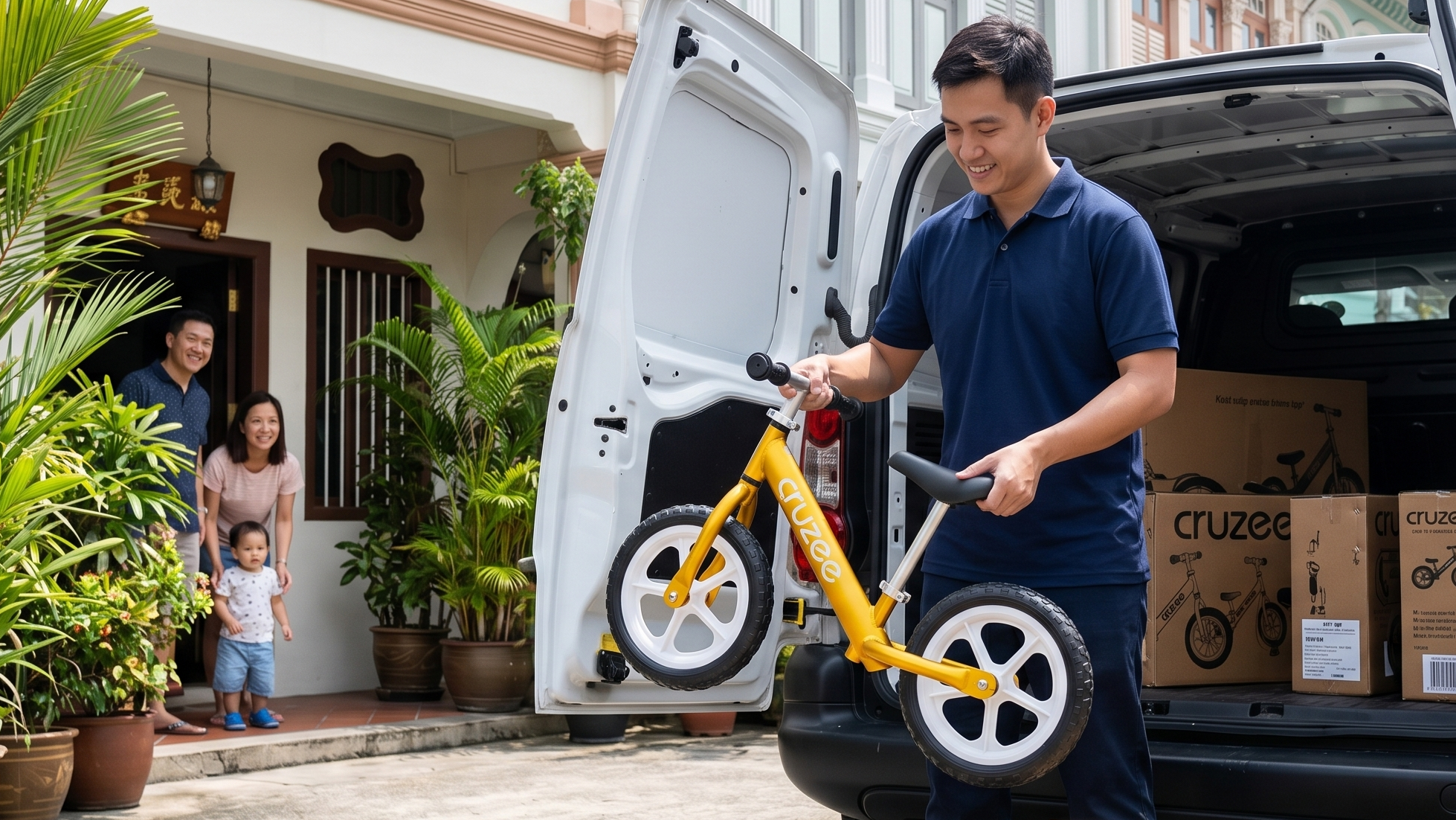 Man unloading a yellow Cruzee balance bike from a van with a family in the background.