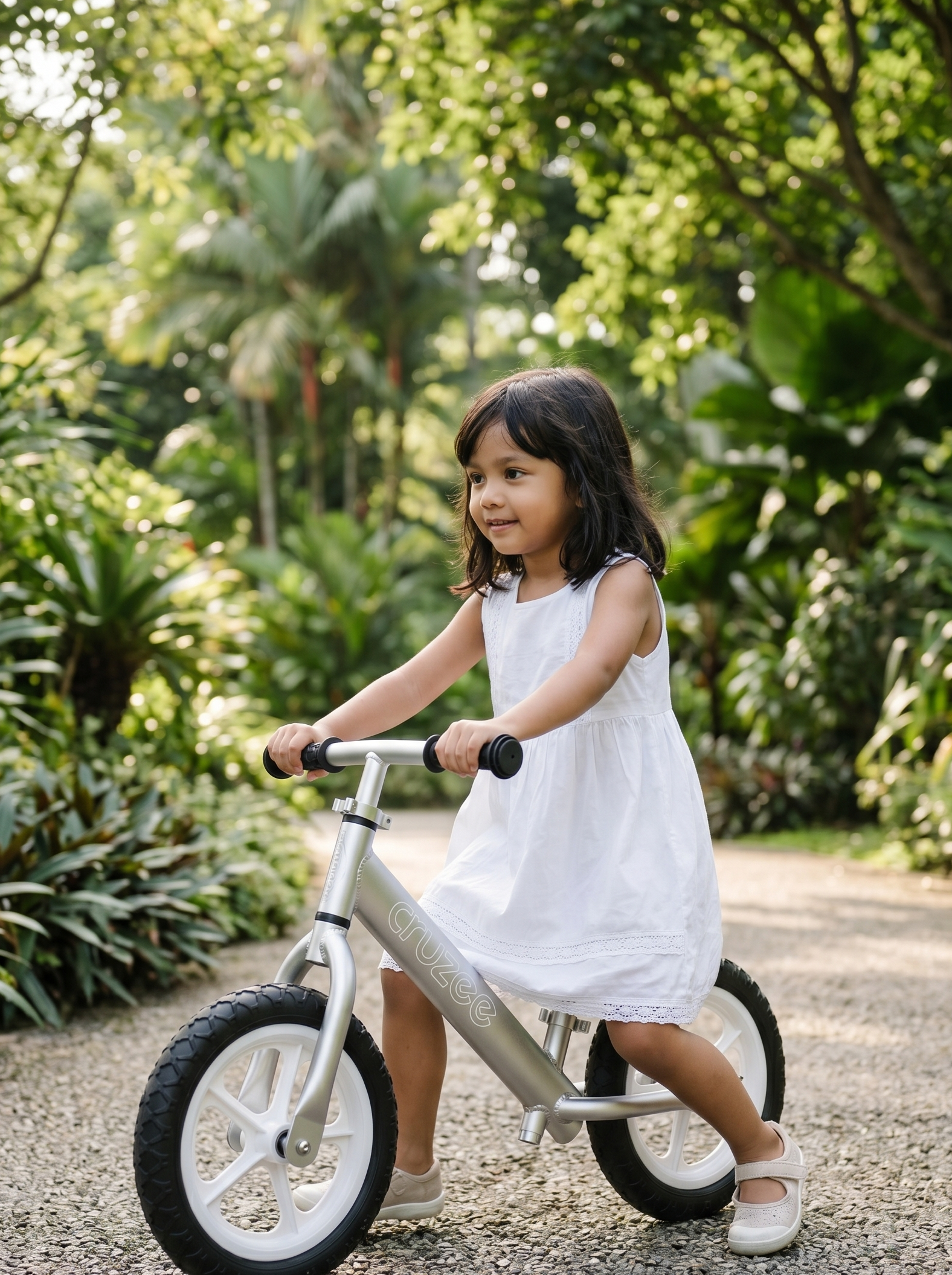 Young girl riding a cruzee balance bike in a garden setting